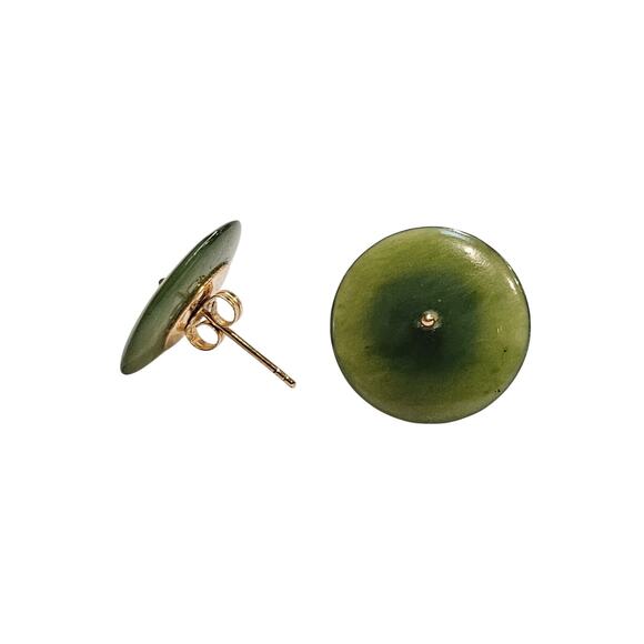 Vintage Translucent Nephrite Jade Disc Stud Earrings in 14K Gold - Picture 2 of 3
